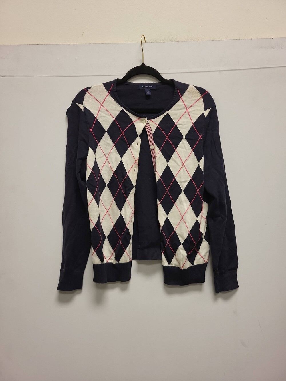 Lands' End Cardigan Sweater Womens L Petite 14-16 Argyle Navy Pink White Knit